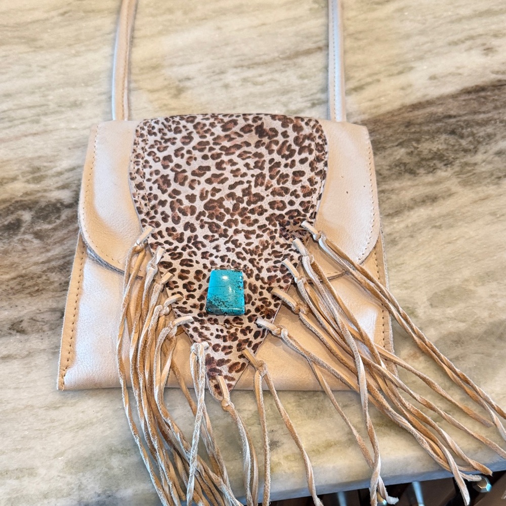 Leopard Print Fringe Crossbody Bag - Cream and Brown